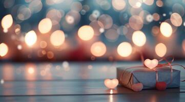 Festive Gift Box With Heart-Shaped Decorations and Twinkling Lights photo