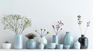 Elegant Display of Blue and White Vases With Dried Flowers Against Light Blue Wall photo