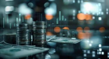 Stacked Coins on Table With Blurred Financial Activity in Background photo
