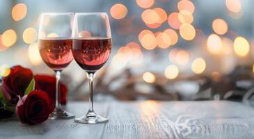 Romantic Evening With Red Wine and Roses on Rustic Wooden Table photo