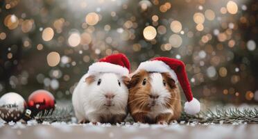 Adorable Guinea Pigs in Santa Hats Surrounded by Glittering Holiday Lights photo