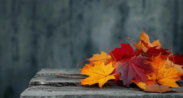 Autumn Leaves in Vibrant Colors on a Weathered Wooden Surface photo