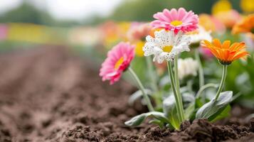 Colorful Spring Flowers Blooming in a Garden Bed Under Sunny Conditions photo