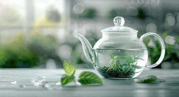 Fresh Mint Leaves Steeping in Glass Teapot With Soft Background photo