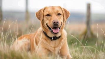 Happy Labrador Retriever Relaxing On Green Grass In A Sunlit Park photo