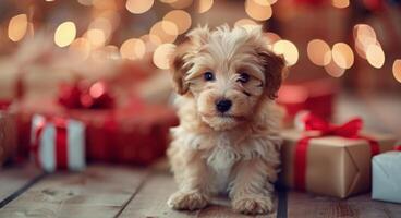 Cute Puppy With Red Bowtie Surrounded by Christmas Presents at Festive Gathering photo