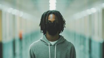 Thoughtful Young Man With Dreadlocks in a Dimly Lit Urban Corridor photo