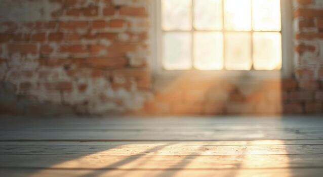 Warm Sunlight Streaming Through a Rustic Brick Window at Dusk photo