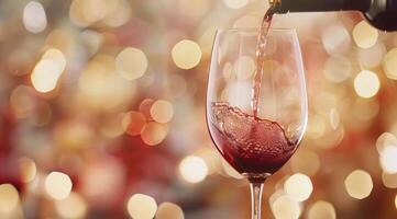 Pouring Red Wine Into A Glass Against A Blurred Festive Background photo