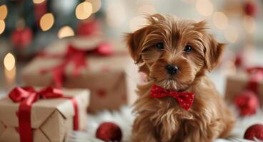 Cute Puppy With Red Bowtie Surrounded by Christmas Presents at Festive Gathering photo
