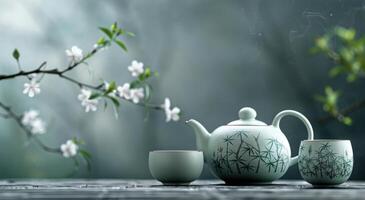 Traditional Tea Set With Bamboo Design on Wooden Table in Serene Outdoor Setting photo