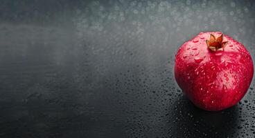 Fresh Pomegranate With Raindrops On Dark Surface photo