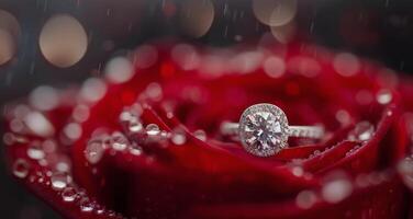 Elegant Diamond Ring Resting on Red Rose Petals in Soft Light photo