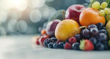 Fresh Assortment of Colorful Fruits Displayed on a Table With Soft Background Light photo