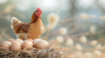 Hen Nesting With Fresh Eggs in A Rustic Setting photo