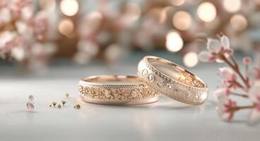 Elegant Wedding Rings With Floral Accents Against a Soft Background photo