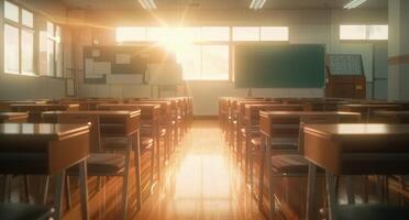 Sunlight Streaming Into Empty Classroom During Morning Hours photo