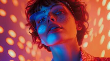 Close-Up Portrait of a Person With Blue and Red Light Patterns at Night photo