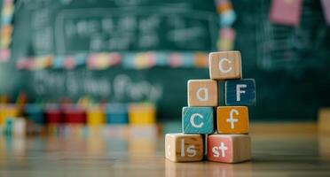 Colorful Wooden Blocks Stacked in Classroom During Learning Activity photo