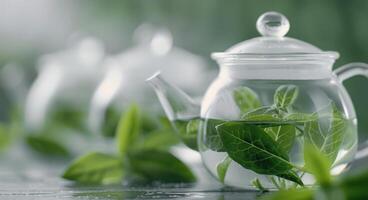 Fresh Mint Leaves Steeping in Glass Teapot With Soft Background photo