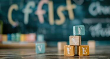 Colorful Wooden Blocks Stacked in Classroom During Learning Activity photo