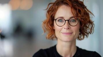 Woman With Red Hair and Glasses Posing Against a Neutral Background photo