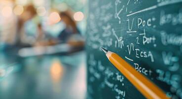 School Classroom Setting With Focus on Writing on Chalkboard photo