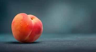 Fresh Peach Resting on a Dark Surface With Soft Blue Background photo