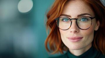 Woman With Red Hair and Glasses Posing Against a Neutral Background photo