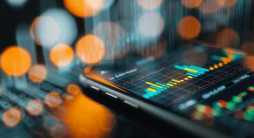 Stock Market Data Displayed on Smartphone With Urban Night Lights in Background photo