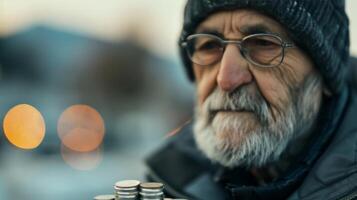Stacks Of Coins On The Ground With A Person Walking In The Background At Dusk photo