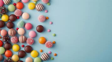 Colorful Candy Display on Light Blue Background With Various Shapes and Textures photo