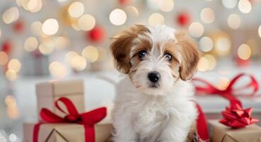 Adorable Puppy Surrounded by Holiday Gifts With Bokeh Background photo