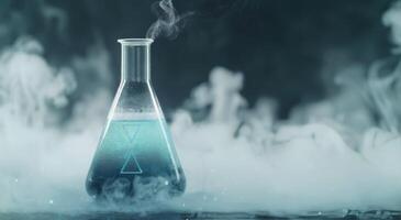 Blue Liquid in Flask With Smoke and Triangle Symbol on Dark Background photo