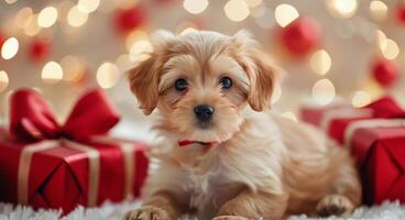 Cute Puppy With Red Bowtie Surrounded by Christmas Presents at Festive Gathering photo
