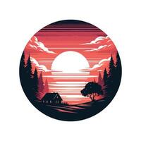 a sunset with a house in the forest vector