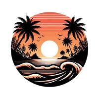 a sunset with palm trees and waves vector