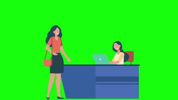 Female Customer Standing At Reception Desk And Talking To Female Receptionist On Greenscreen Background 2D Cartoon Animation video