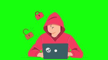 hacker com computador portátil computador roubando senhas e quebra dentro confidencial dados em tela verde fundo 2d desenho animado animação video