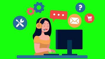 Operator Of Call Center Office Working In Headphones On Greenscreen Background 2D Cartoon Animation video