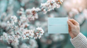 Spring Blooming Branches With Blank Card and Book on Soft Pink Background photo