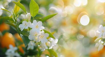 Delicate White Blossoms Against a Soft Green Background in Natural Light photo