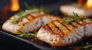 Grilled Salmon Fillets Garnished With Fresh Herbs on a Black Plate photo