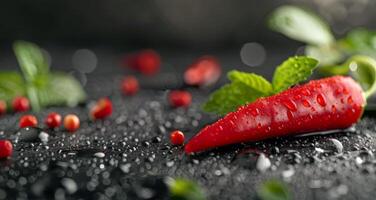 Fresh Red Chili Peppers and Basil Leaves With Water Droplets on Dark Surface photo