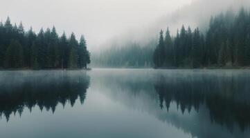 Serene Misty Morning at a Mountain Lake With Reflective Pine Trees photo