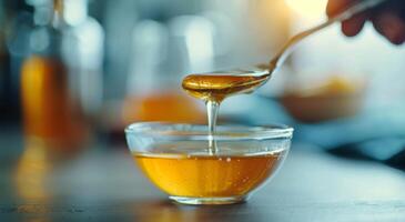 Golden Honey Dripping From Spoon Into Small Bowl During Bright Morning Light photo