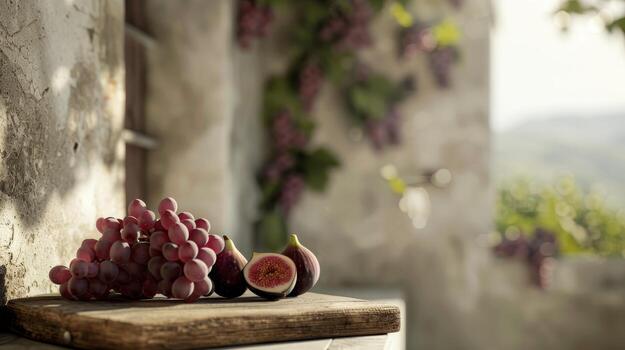 Fresh Grapes and Figs on Wooden Table in Rustic Outdoor Setting at Sunset photo