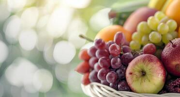 Fresh Assortment of Colorful Fruits Displayed on a Table With Soft Background Light photo