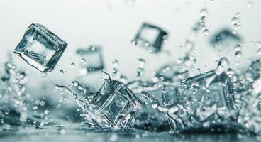 Ice Cubes Splashing in Water in a Bright and Reflective Setting photo
