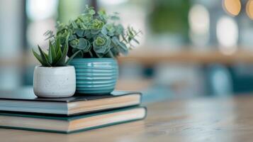 Succulent Plant in Concrete Pot on Stacked Books in Cozy Cafe Setting photo